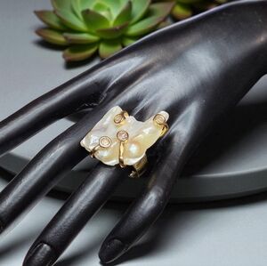 Oversized Biwa Freshwater Pearl Baroque Caged Crystal Gold Plated Ring